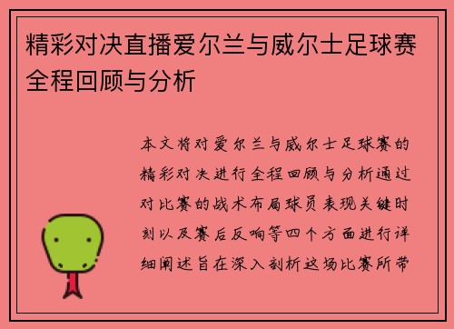 精彩对决直播爱尔兰与威尔士足球赛全程回顾与分析